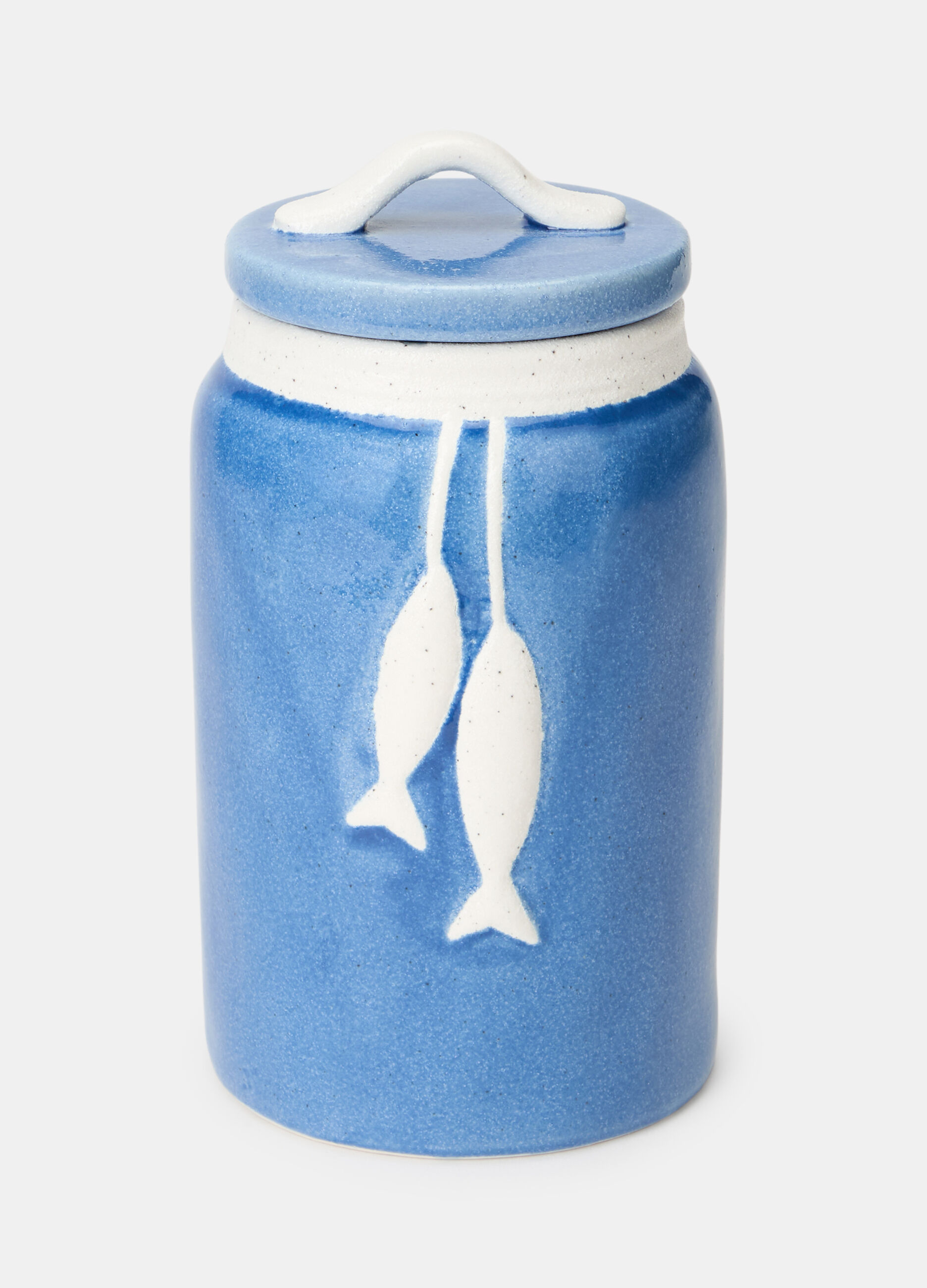 Bottiglia in ceramica con coperchio e decorazione pesciolini_0