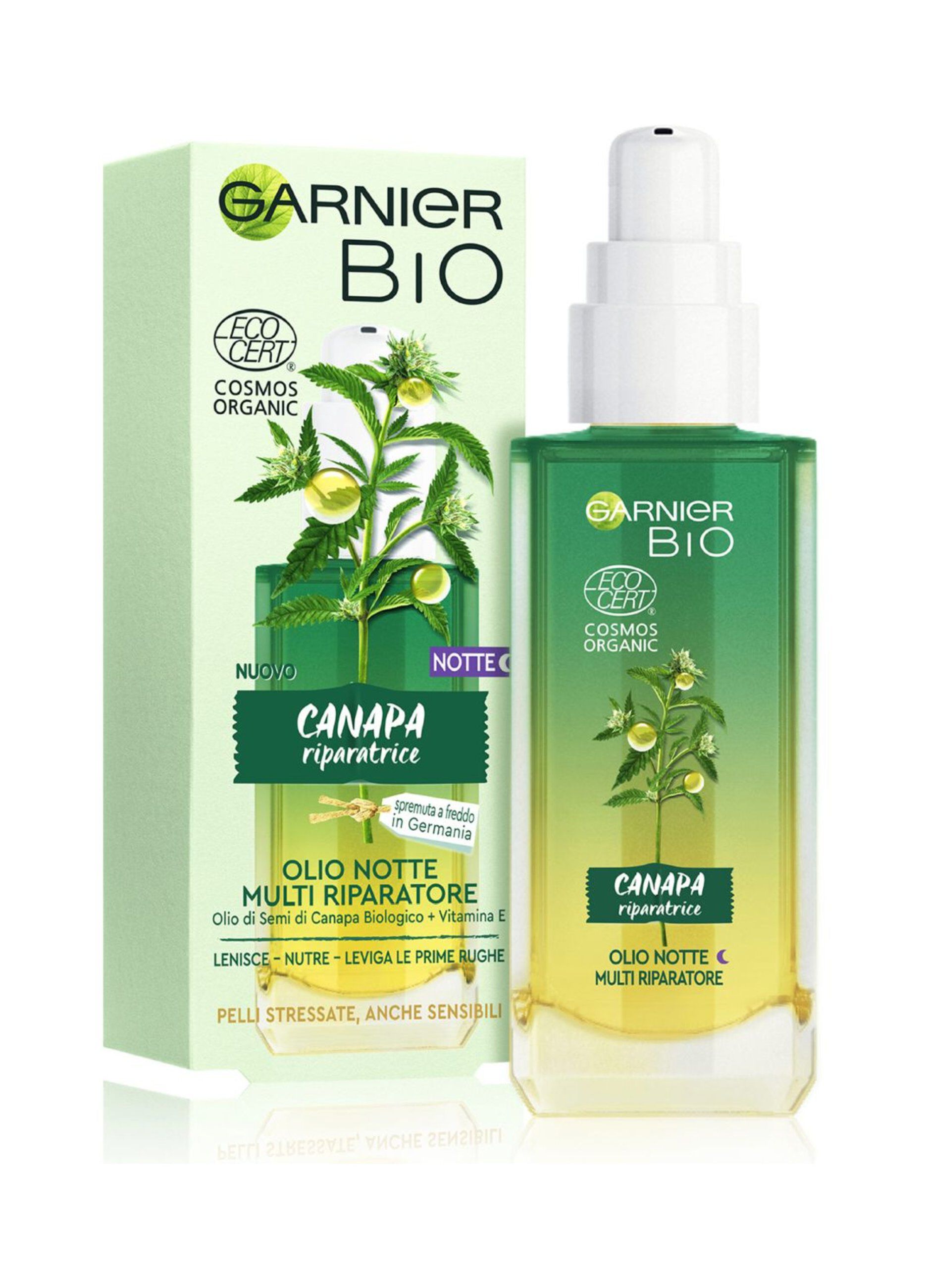 Garnier Olio viso notte Bio, Olio Notte multi riparatore con Olio di Semi di Canapa Biologico e Vitamina E, per pelli stressate, anche sensibili e prime rughe, 30 ml._0