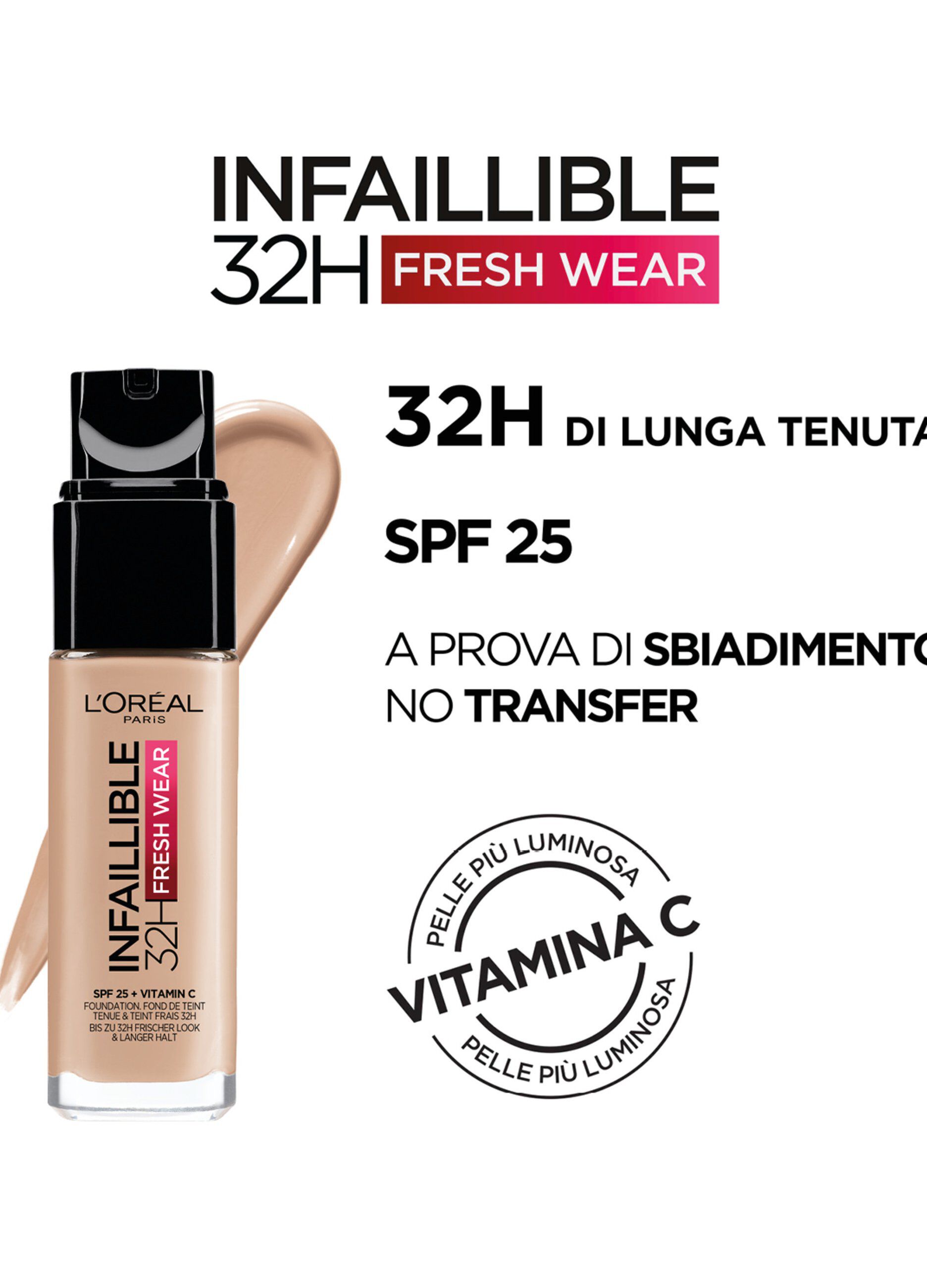 L'Oréal Paris Fondotinta Liquido Infaillible 32H, Coprente a Lunga Tenuta 32H, Formula Waterproof Idratante, 110 Vanille Rosé, 30ml.