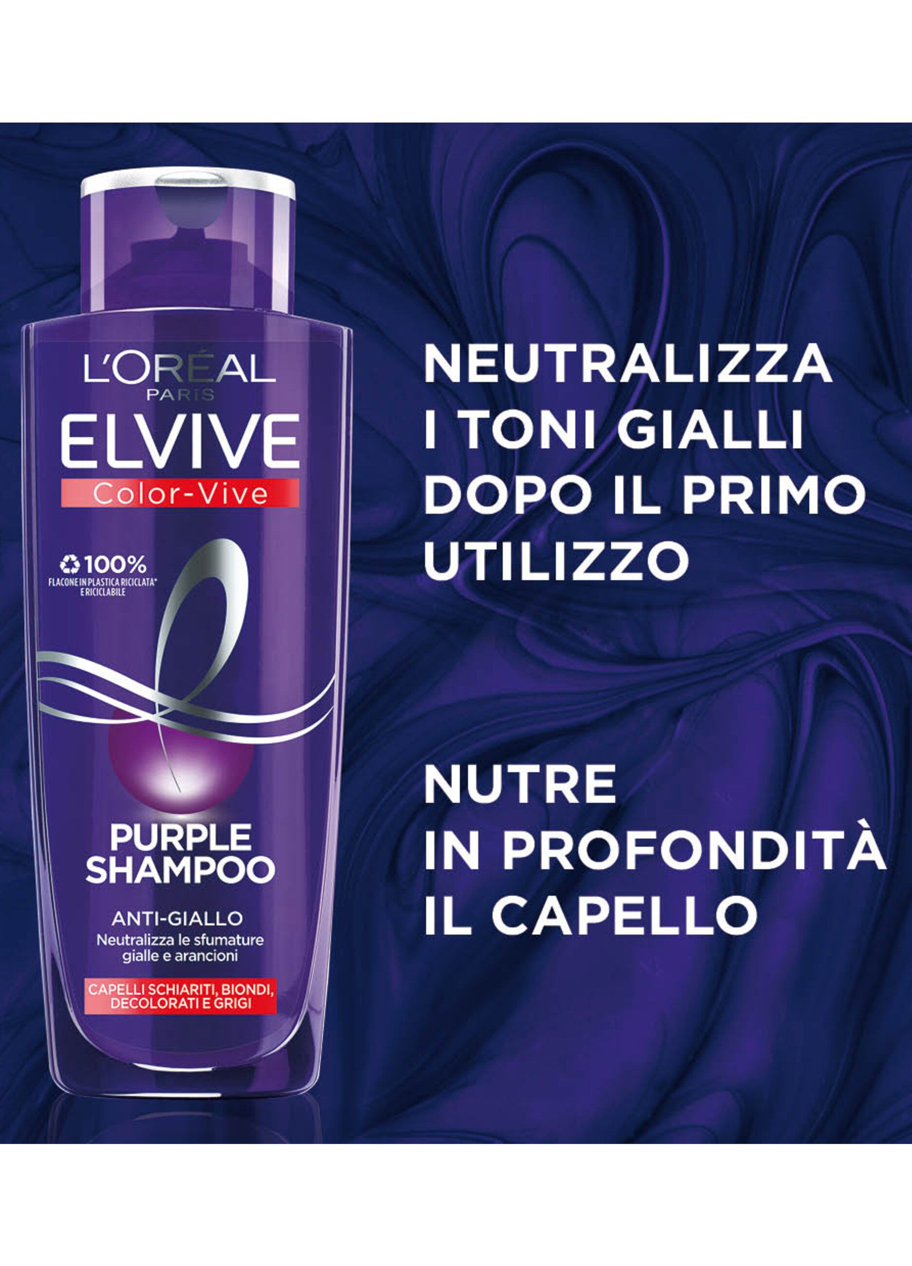 L'Oréal Paris Shampoo antigiallo Color Vive Purple, Shampoo antigiallo per capelli schiariti, biondi, decolorati e grigi, 200 ml.