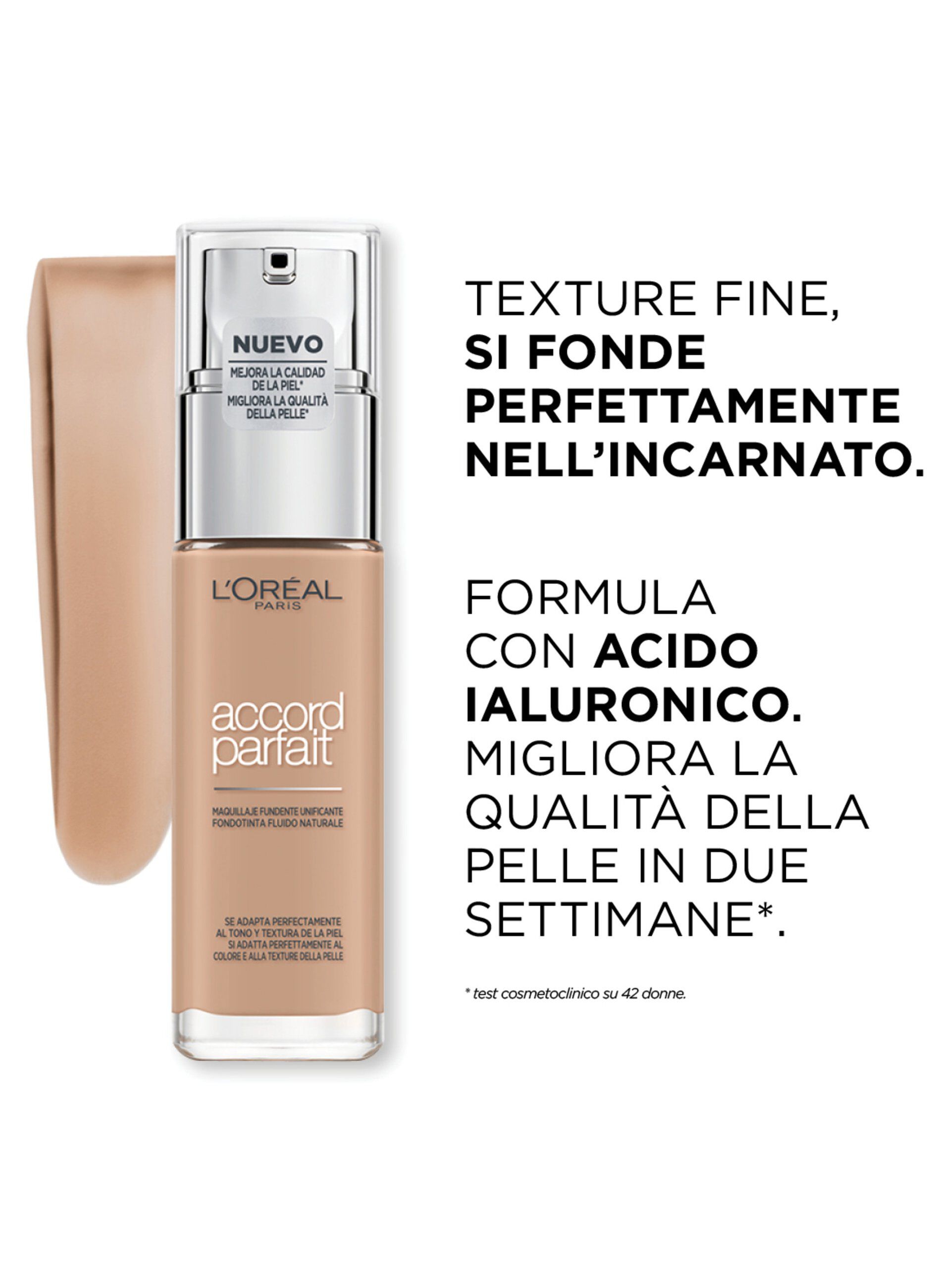 L'Oréal Paris Accord Parfait, Fondotinta Liquido, Pelli da Secche a Normali, Formula Arricchita con Acido Ialuronico, Colore: Cappuccino (8.N), 30 ml.