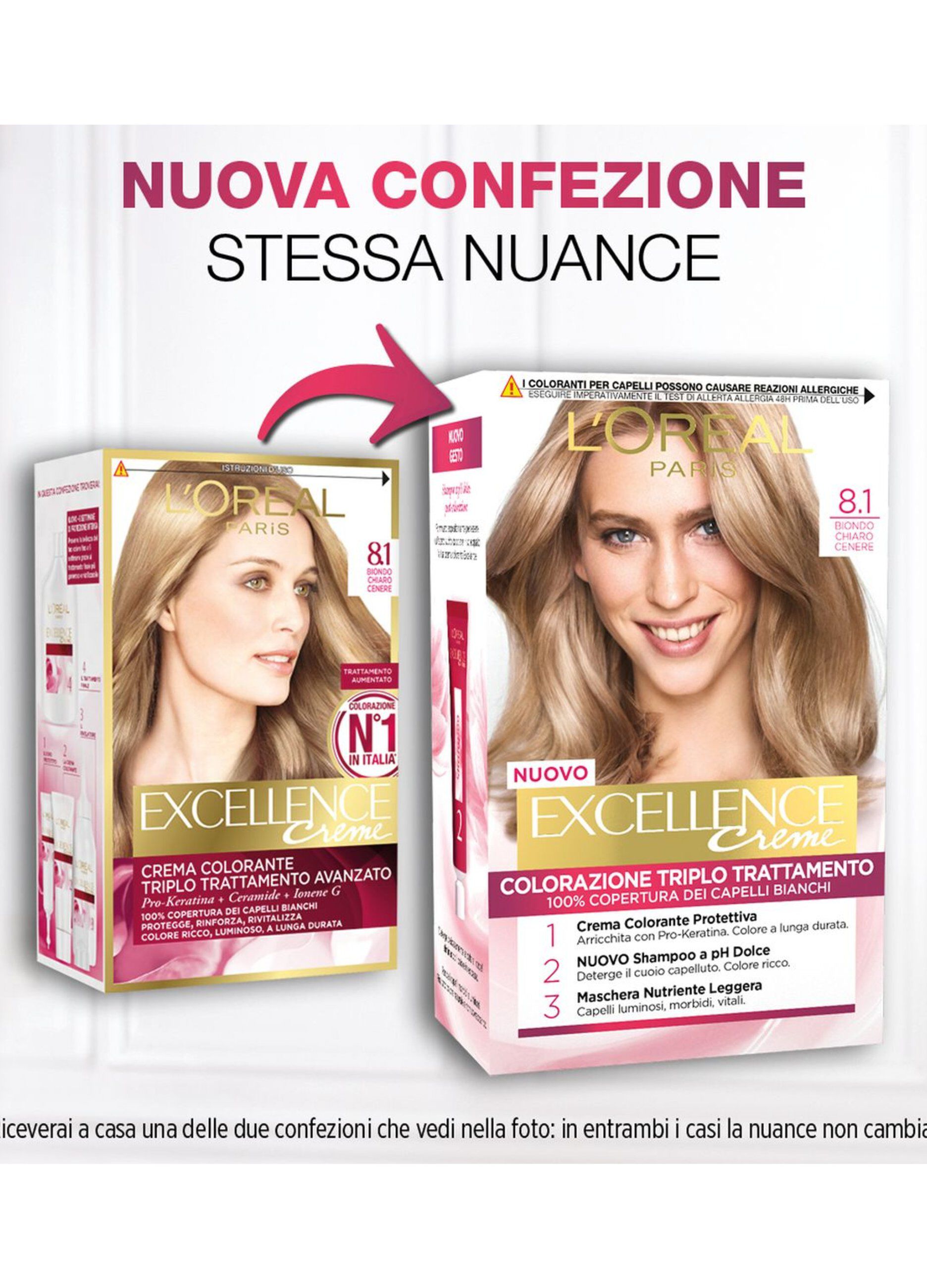 L'Oréal Paris Tinta Capelli Excellence, Copre i capelli bianchi, colore ricco, luminoso e a lunga durata, 8.1 Biondo Chiaro Cenere.