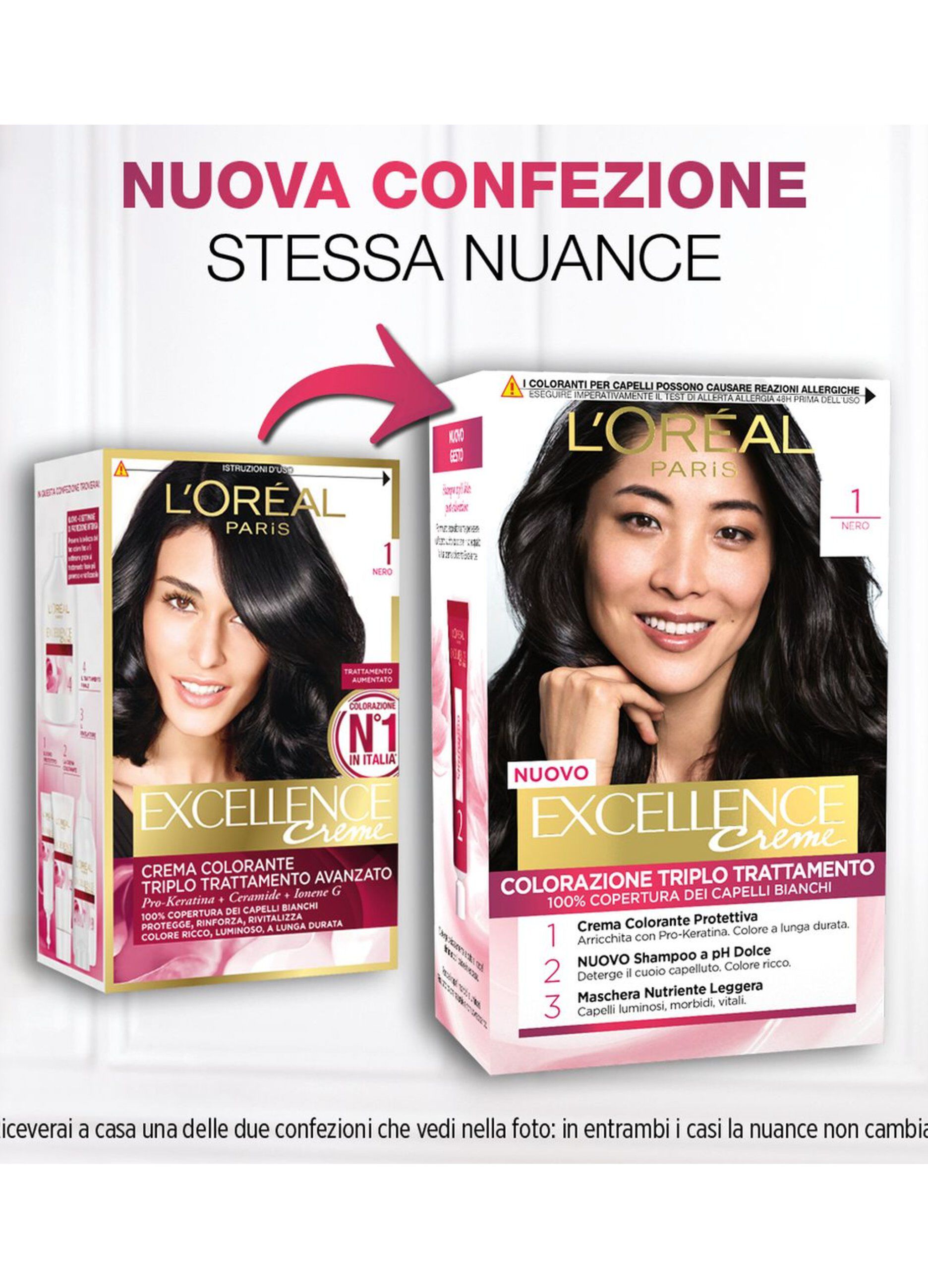 L'Oréal Paris Tinta Capelli Excellence, Copre i capelli bianchi, colore ricco, luminoso e a lunga durata, 1 Nero.