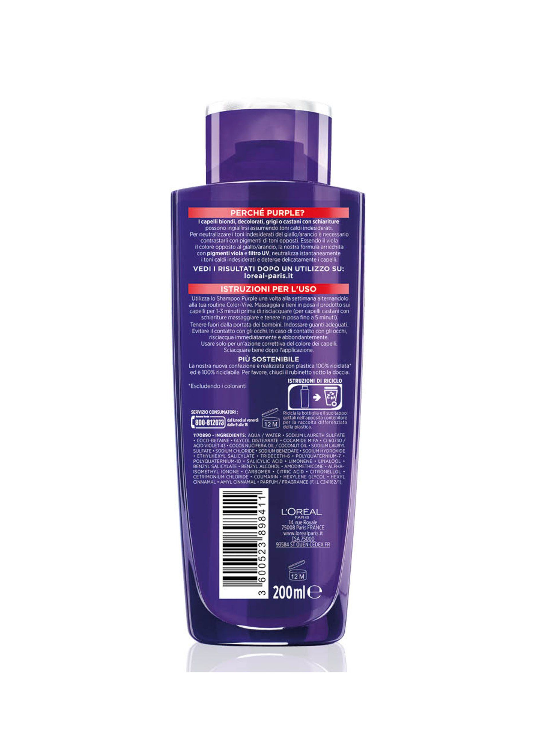 L'Oréal Paris Shampoo antigiallo Color Vive Purple, Shampoo antigiallo per capelli schiariti, biondi, decolorati e grigi, 200 ml.