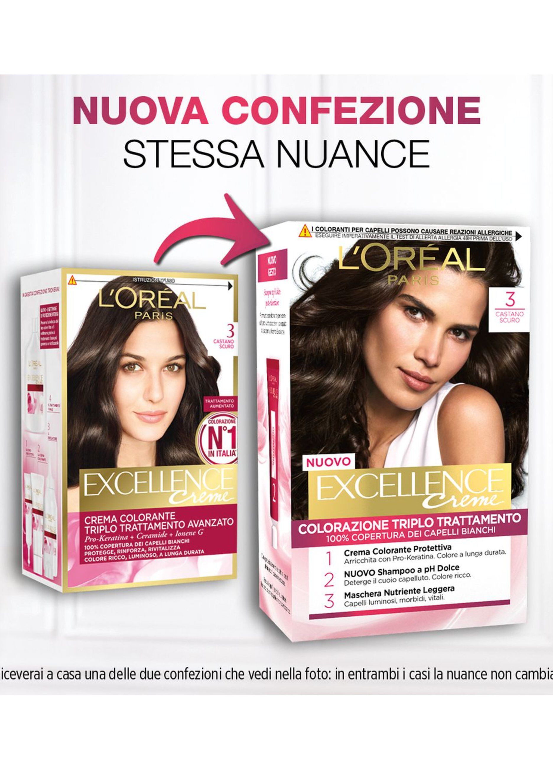 L'Oréal Paris Tinta Capelli Excellence, Copre i capelli bianchi, colore ricco, luminoso e a lunga durata, 3 Castano Scuro.