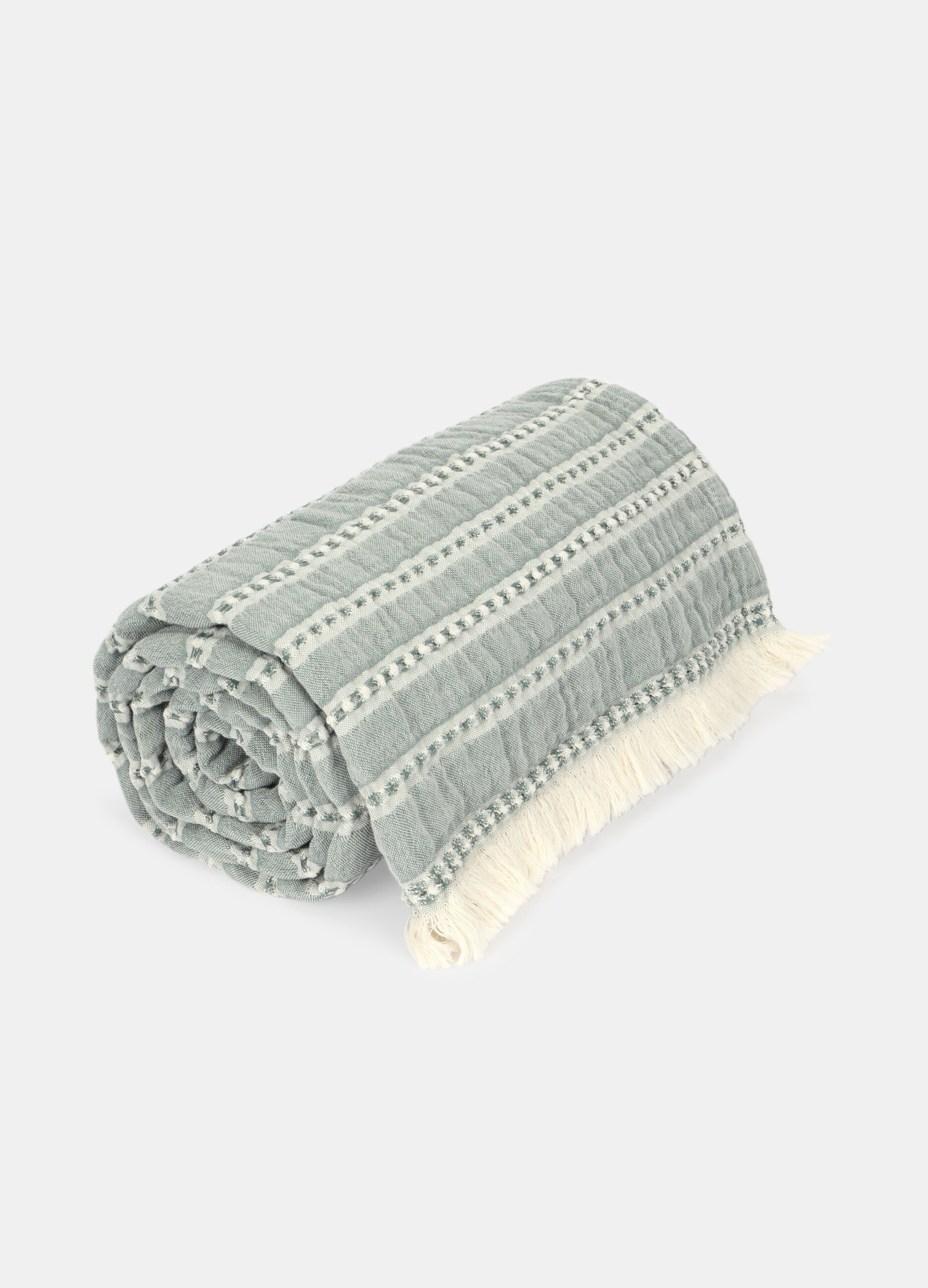 Telo arredo in cotone lavato a righe con frange_0